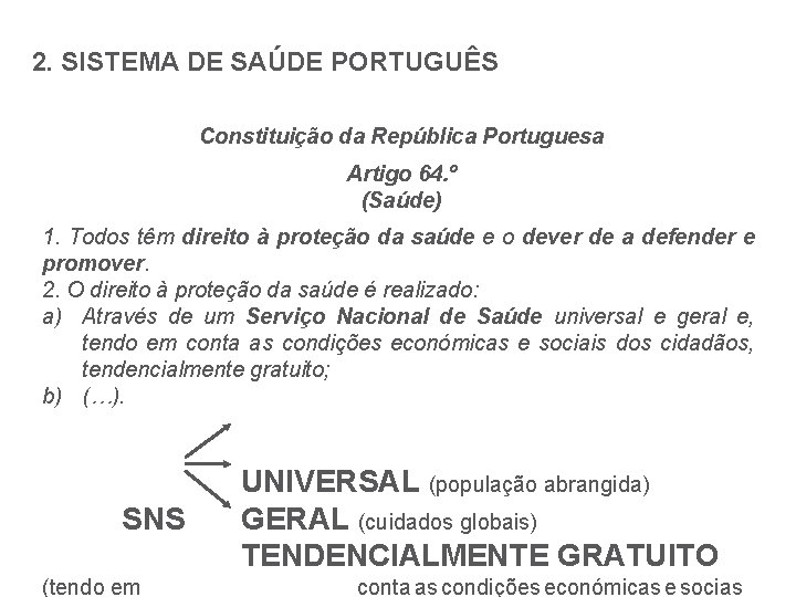 2. SISTEMA DE SAÚDE PORTUGUÊS Constituição da República Portuguesa Artigo 64. º (Saúde) 1.