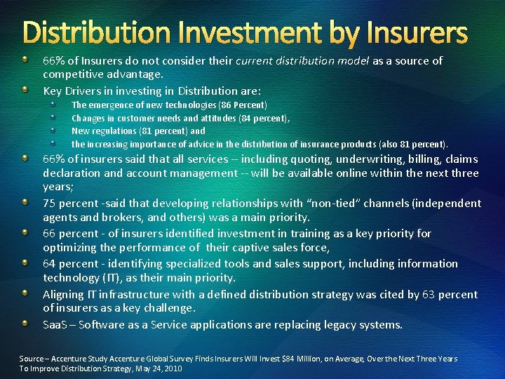 Distribution Investment by Insurers 66% of Insurers do not consider their current distribution model