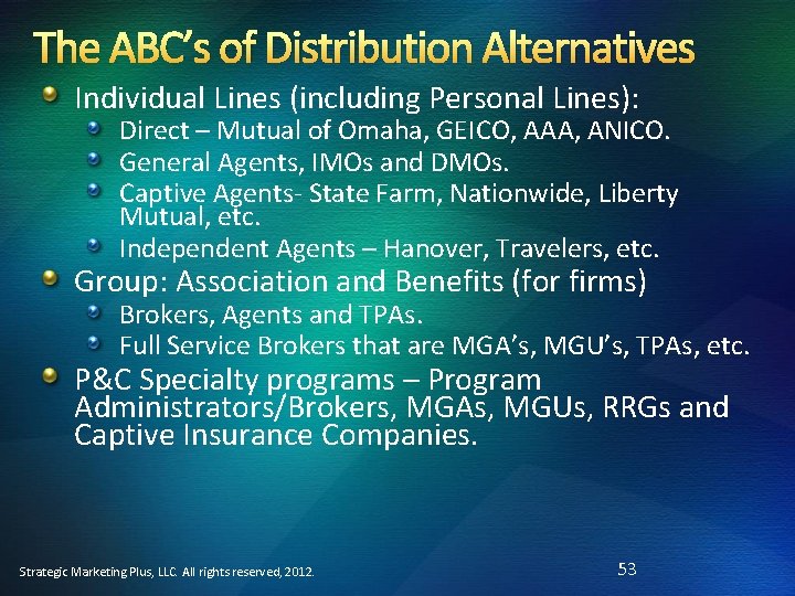 The ABC’s of Distribution Alternatives Individual Lines (including Personal Lines): Direct – Mutual of