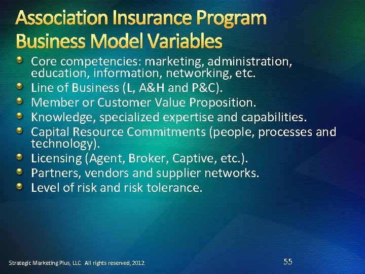 Association Insurance Program Business Model Variables Core competencies: marketing, administration, education, information, networking, etc.