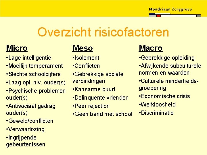 Overzicht risicofactoren Micro Meso Macro • Lage intelligentie • Moeilijk temperament • Slechte schoolcijfers