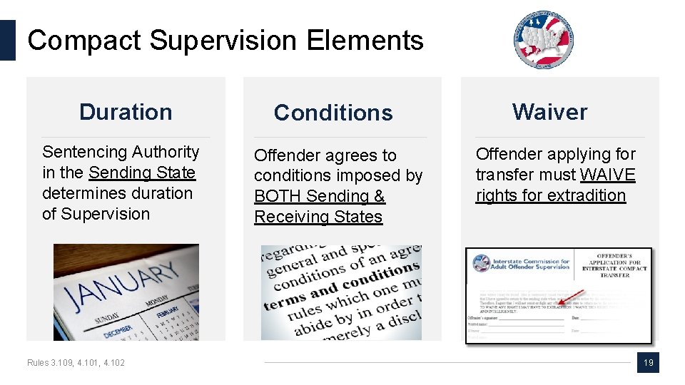 Compact Supervision Elements Duration Sentencing Authority in the Sending State determines duration of Supervision