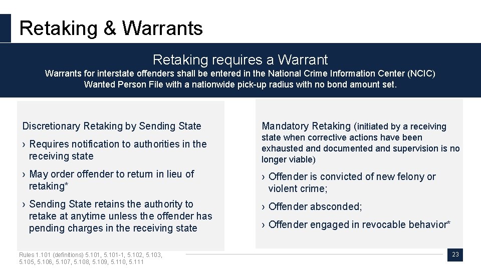 Retaking & Warrants Retaking requires a Warrant 3 4 1 Warrants for interstate offenders