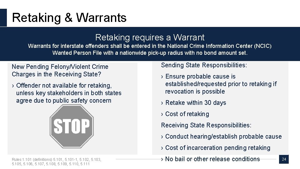 Retaking & Warrants Retaking requires a Warrant 3 4 1 Warrants for interstate offenders