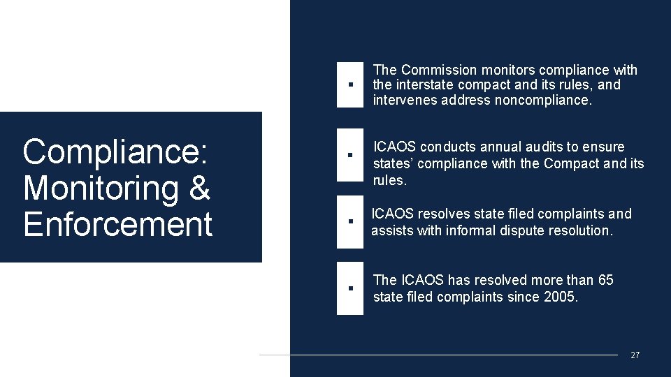 Compliance: Monitoring & Enforcement ∙ The Commission monitors compliance with the interstate compact and