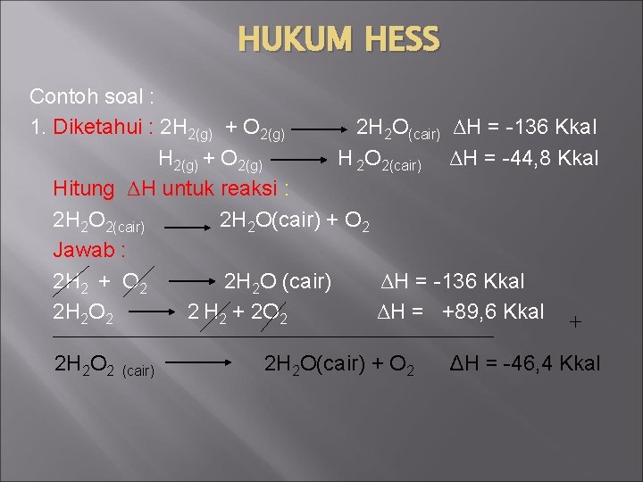 HUKUM HESS Contoh soal : 1. Diketahui : 2 H 2(g) + O 2(g)