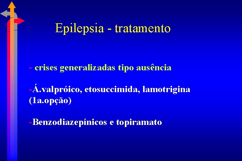 Epilepsia - tratamento - crises generalizadas tipo ausência -Á. valpróico, etosuccimida, lamotrigina (1 a.