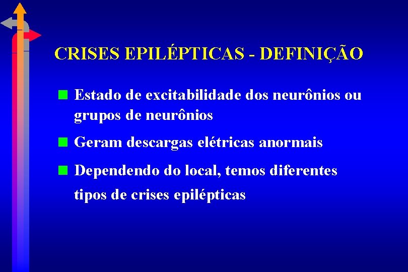 CRISES EPILÉPTICAS - DEFINIÇÃO Estado de excitabilidade dos neurônios ou grupos de neurônios Geram