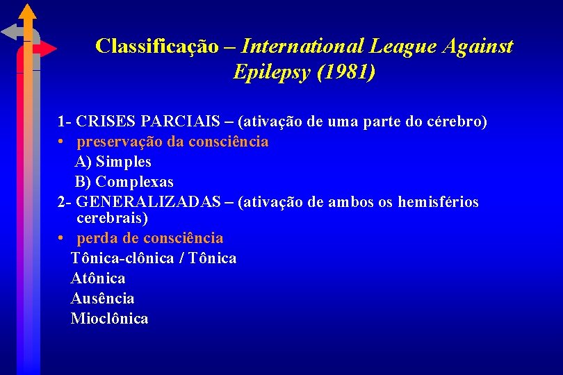Classificação – International League Against Epilepsy (1981) 1 - CRISES PARCIAIS – (ativação de