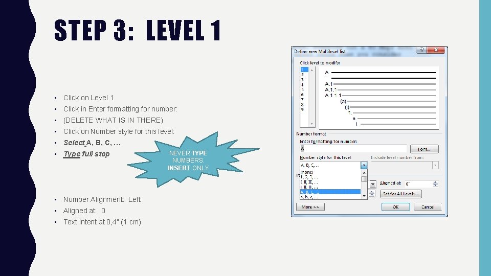 STEP 3: LEVEL 1 • Click on Level 1 • Click in Enter formatting