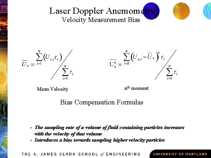 Laser Doppler Anemometry Velocity Measurement Bias Mean Velocity nth moment Bias Compensation Formulas -