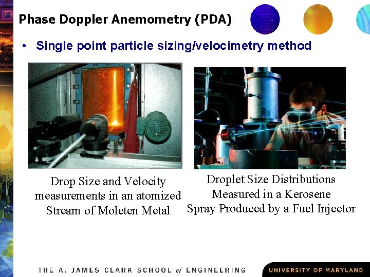 Phase Doppler Anemometry (PDA) • Single point particle sizing/velocimetry method Droplet Size Distributions Drop