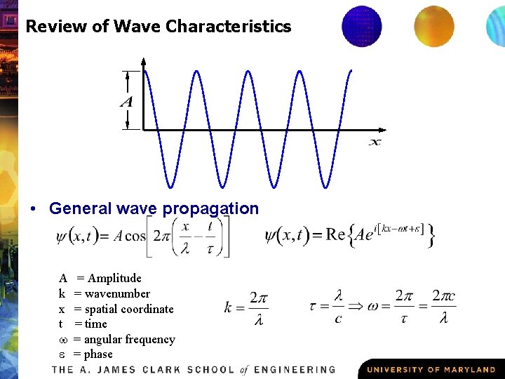 Review of Wave Characteristics • General wave propagation A k x t w e