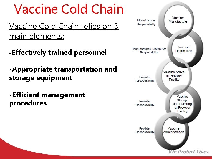 Vaccine Cold Chain relies on 3 main elements: -Effectively trained personnel -Appropriate transportation and