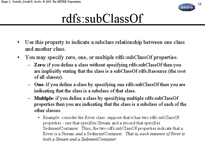 Roger L. Costello, David B. Jacobs. © 2003 The MITRE Corporation. rdfs: sub. Class.