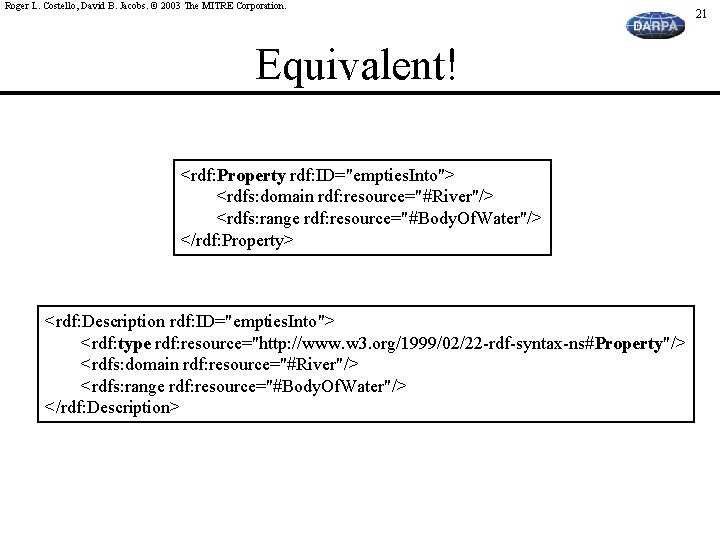 Roger L. Costello, David B. Jacobs. © 2003 The MITRE Corporation. Equivalent! <rdf: Property