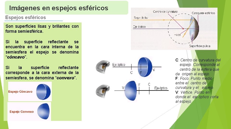 Imágenes en espejos esféricos Espejos esféricos Son superficies lisas y brillantes con forma semiesférica.