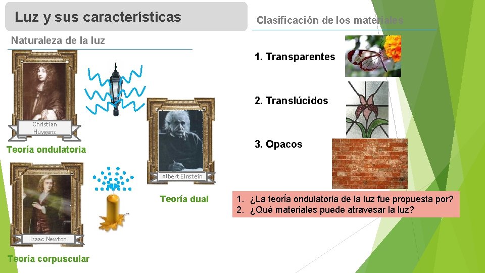 Luz y sus características Clasificación de los materiales Naturaleza de la luz 1. Transparentes