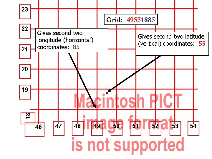 23 Grid: 49551885 22 21 Gives second two longitude (horizontal) coordinates: 85 Gives second