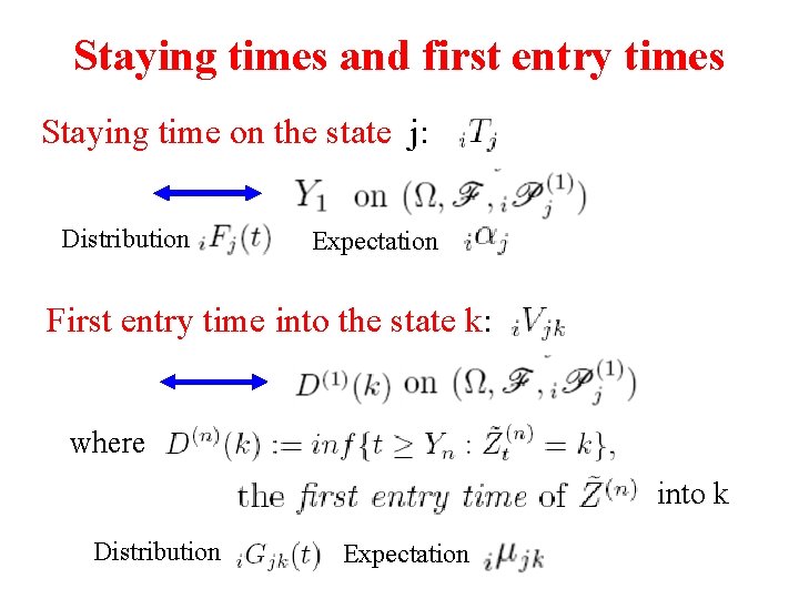 Staying times and first entry times Staying time on the state j: Distribution Expectation