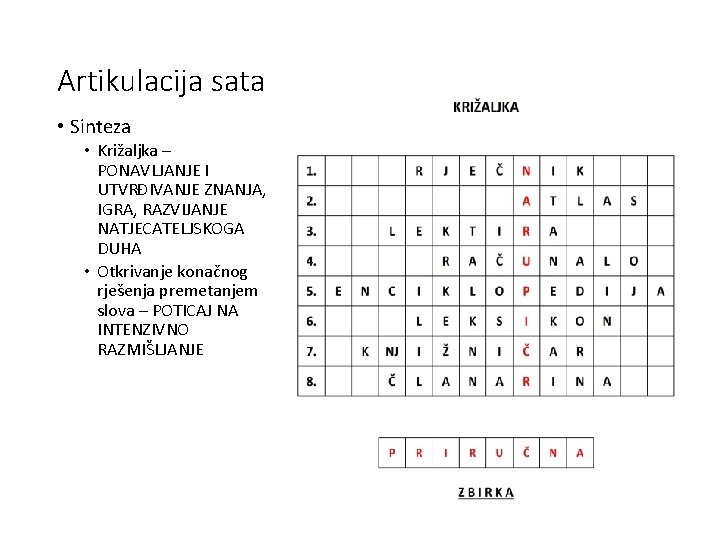 Artikulacija sata • Sinteza • Križaljka – PONAVLJANJE I UTVRĐIVANJE ZNANJA, IGRA, RAZVIJANJE NATJECATELJSKOGA