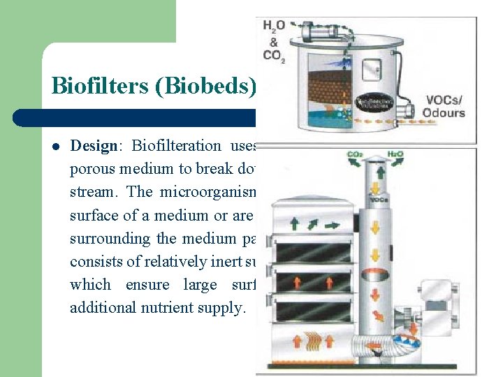 Biofilters (Biobeds) l Design: Biofilteration uses microorganisms fixed to a porous medium to break