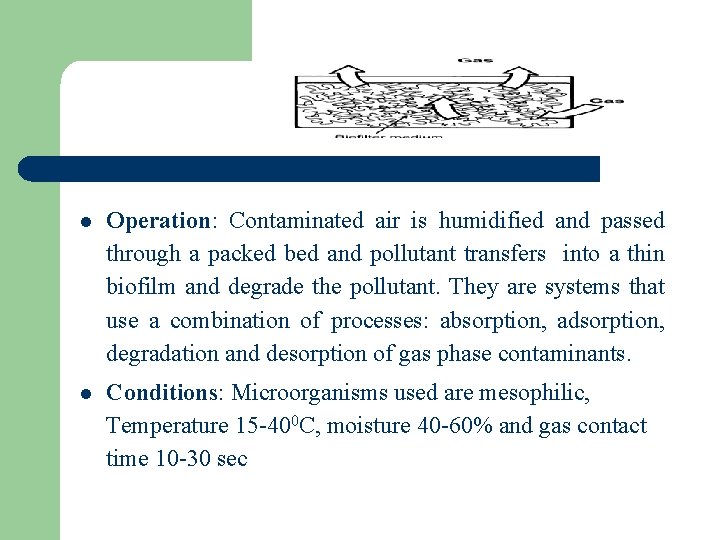 l Operation: Contaminated air is humidified and passed through a packed bed and pollutant