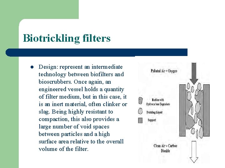 Biotrickling filters l Design: represent an intermediate technology between biofilters and bioscrubbers. Once again,