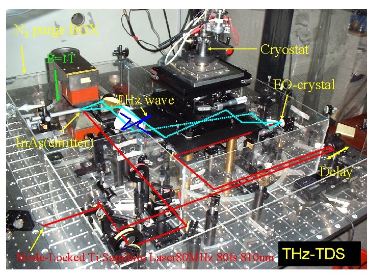 N 2 purge BOX Cryostat B=1 T THz wave EO-crystal In. As(emitter) Delay Mode-Locked