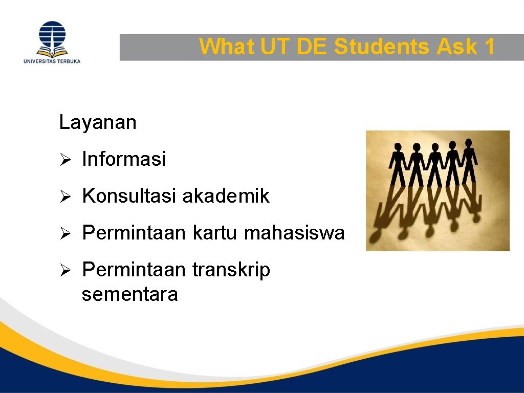 What UT DE Students Ask 1 Layanan Ø Informasi Ø Konsultasi akademik Ø Permintaan
