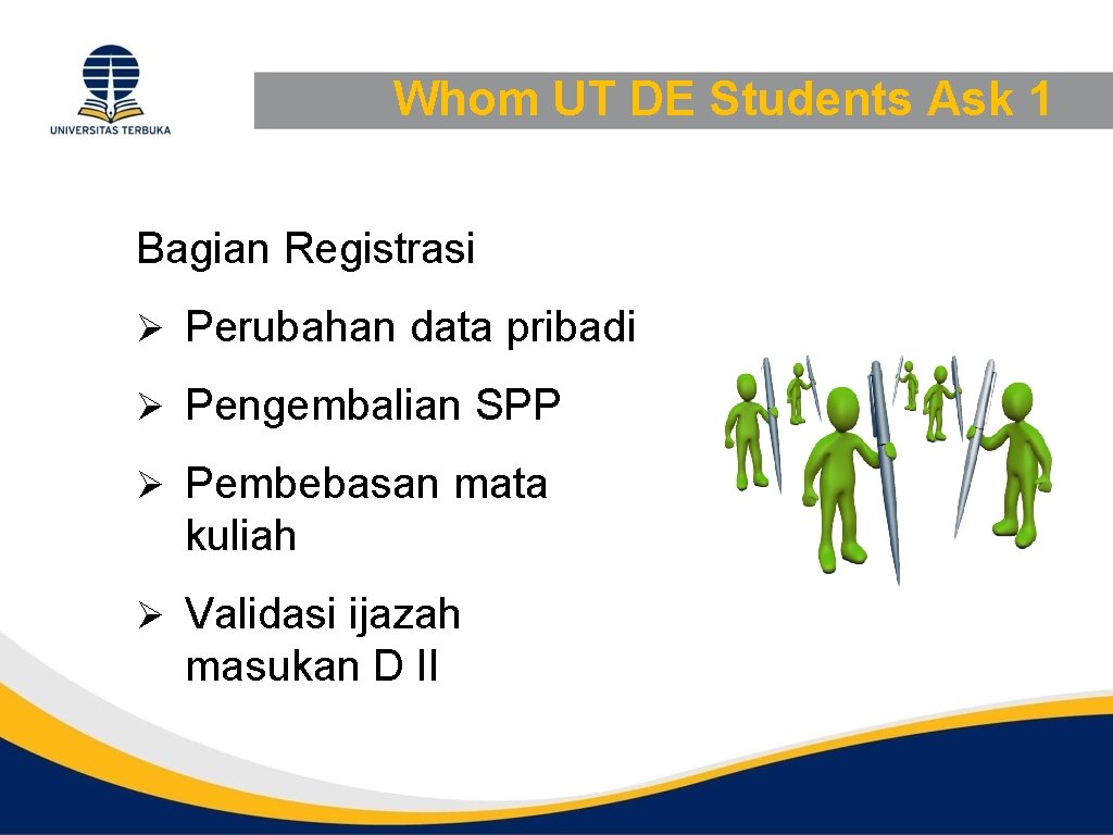 Whom UT DE Students Ask 1 Bagian Registrasi Ø Perubahan data pribadi Ø Pengembalian