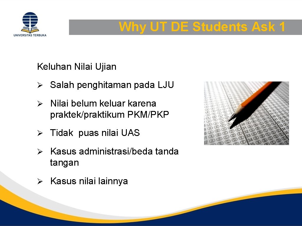 Why UT DE Students Ask 1 Keluhan Nilai Ujian Ø Salah penghitaman pada LJU