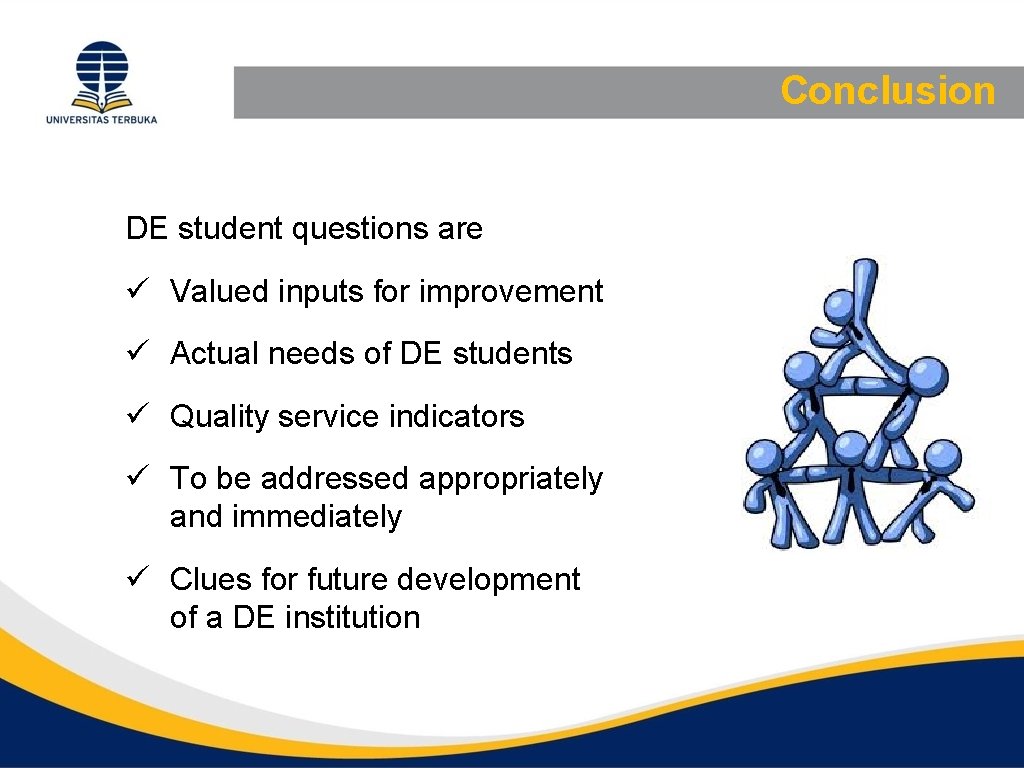 Conclusion DE student questions are ü Valued inputs for improvement ü Actual needs of