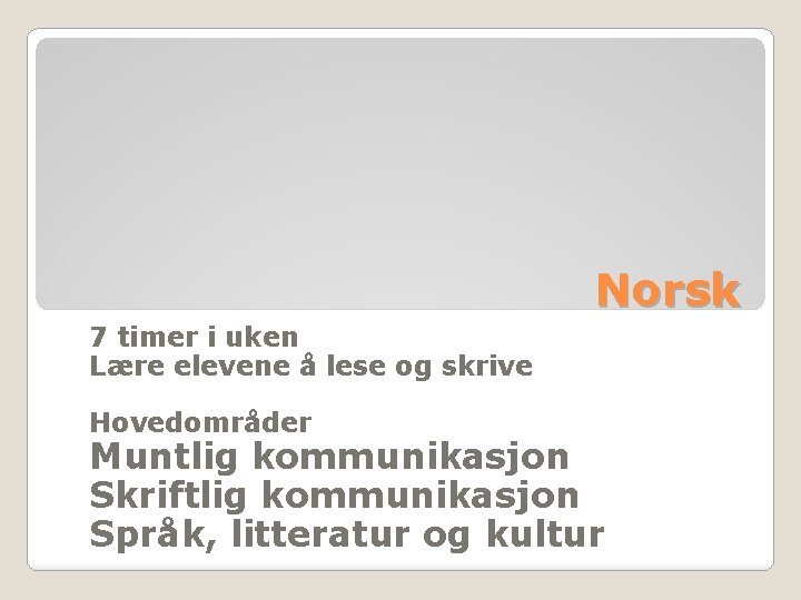 Norsk 7 timer i uken Lære elevene å lese og skrive Hovedområder Muntlig kommunikasjon