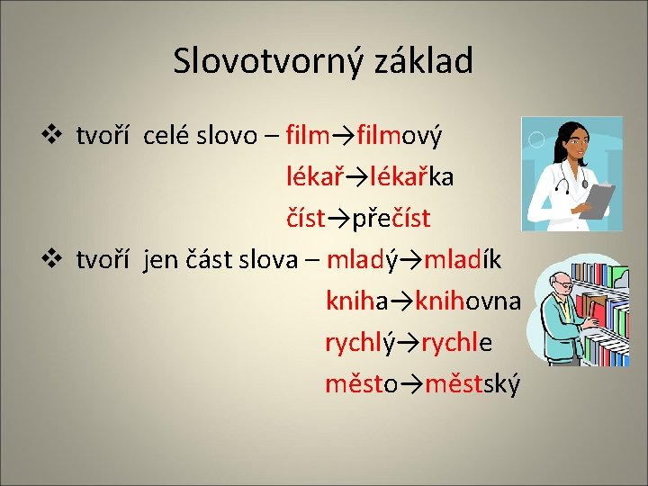 Slovotvorný základ v tvoří celé slovo – film→filmový lékař→lékařka číst→přečíst v tvoří jen část