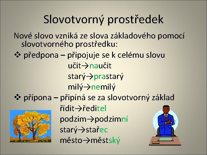 Slovotvorný prostředek Nové slovo vzniká ze slova základového pomocí slovotvorného prostředku: v předpona –