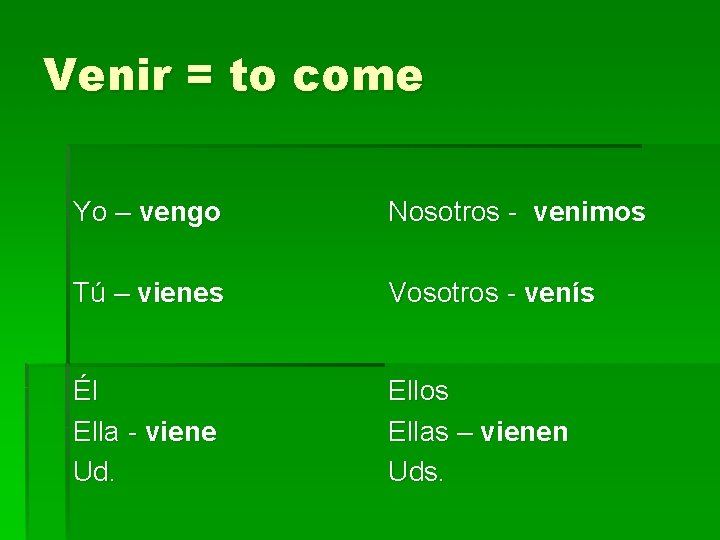 Venir = to come Yo – vengo Nosotros - venimos Tú – vienes Vosotros Venir = to come Yo – vengo Nosotros - venimos Tú – vienes Vosotros