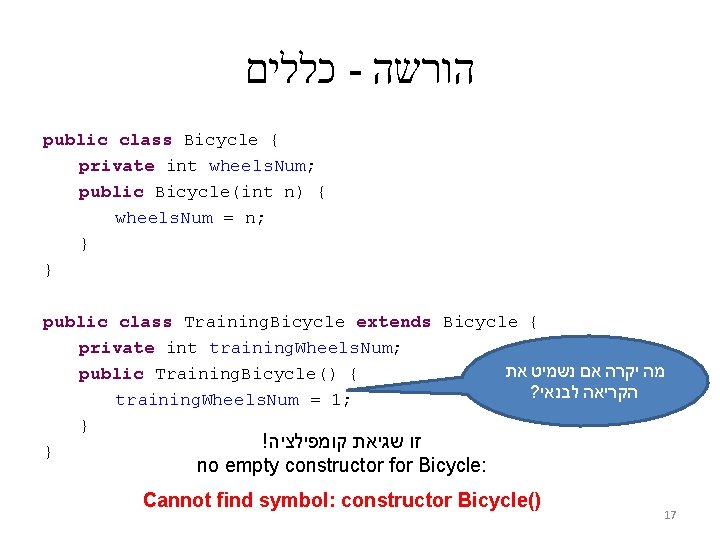  כללים - הורשה public class Bicycle { private int wheels. Num; public Bicycle(int