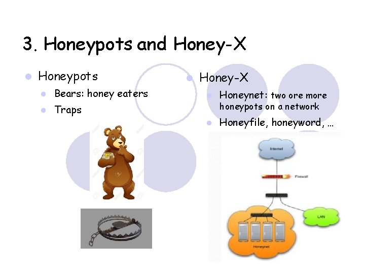 3. Honeypots and Honey-X Honeypots Bears: honey eaters Traps Honey-X Honeynet: two ore more