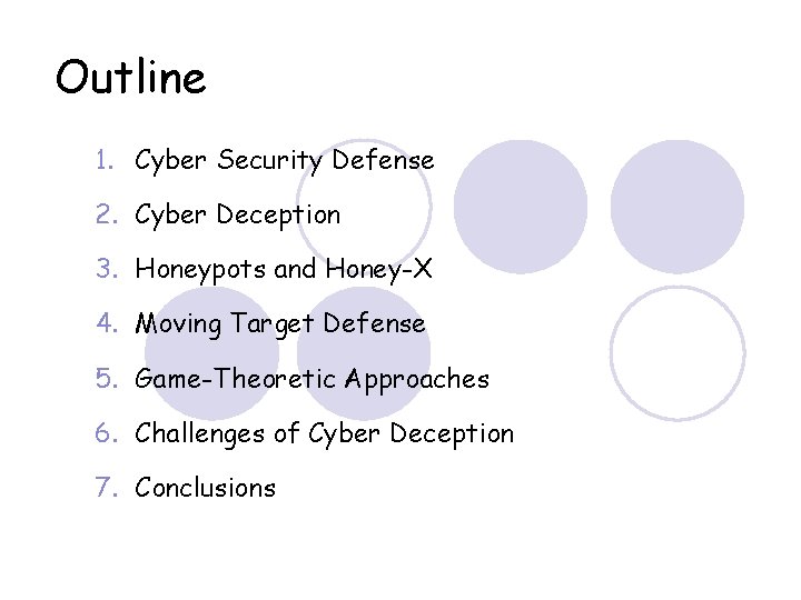 Outline 1. Cyber Security Defense 2. Cyber Deception 3. Honeypots and Honey-X 4. Moving