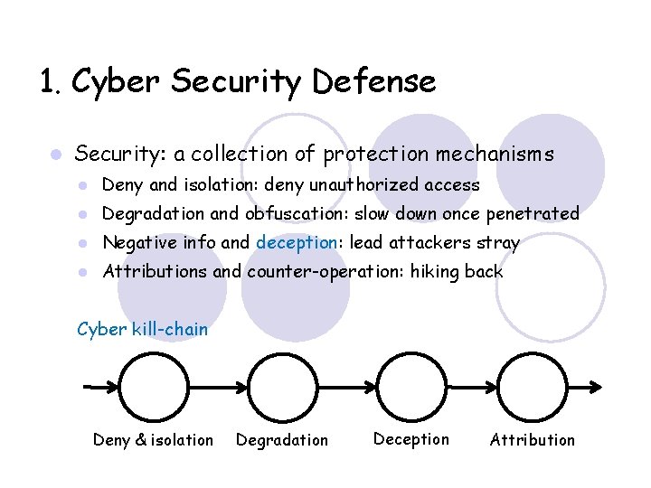 1. Cyber Security Defense Security: a collection of protection mechanisms Deny and isolation: deny