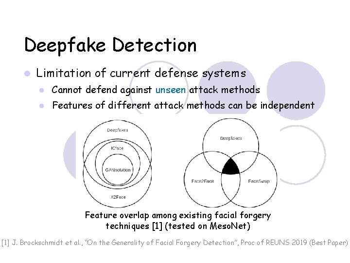 Deepfake Detection Limitation of current defense systems Cannot defend against unseen attack methods Features