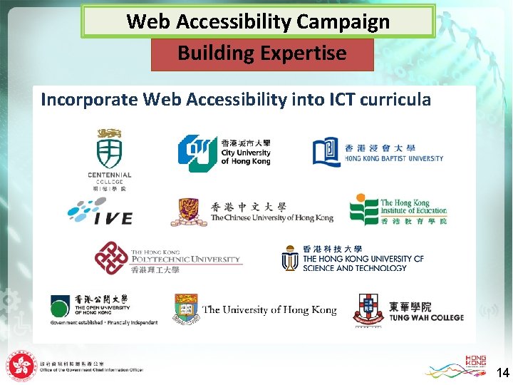 Web Accessibility Campaign Building. Expertise Incorporate Web Accessibility into ICT curricula 14 