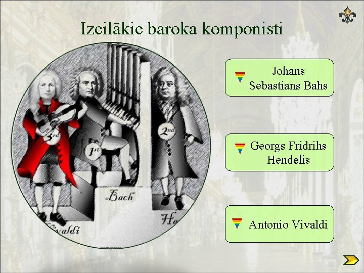 Izcilākie baroka komponisti Johans Sebastians Bahs Georgs Fridrihs Hendelis Antonio Vivaldi 