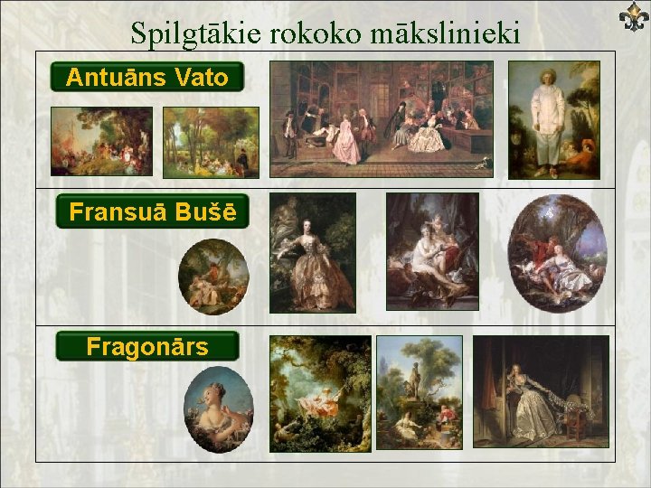 Spilgtākie rokoko mākslinieki Antuāns Vato Fransuā Bušē Fragonārs 