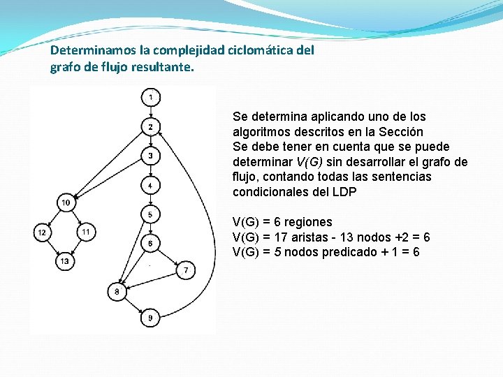 Determinamos la complejidad ciclomática del grafo de flujo resultante. Se determina aplicando uno de