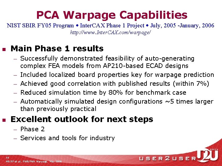 PCA Warpage Capabilities NIST SBIR FY 05 Program Inter. CAX Phase 1 Project July,
