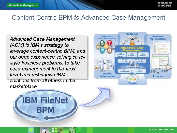 Content-Centric BPM to Advanced Case Management (ACM) is IBM’s strategy to leverage content-centric BPM,
