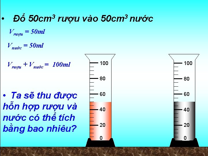  • Đổ 50 cm 3 rượu vào 50 cm 3 nước Vrượu =