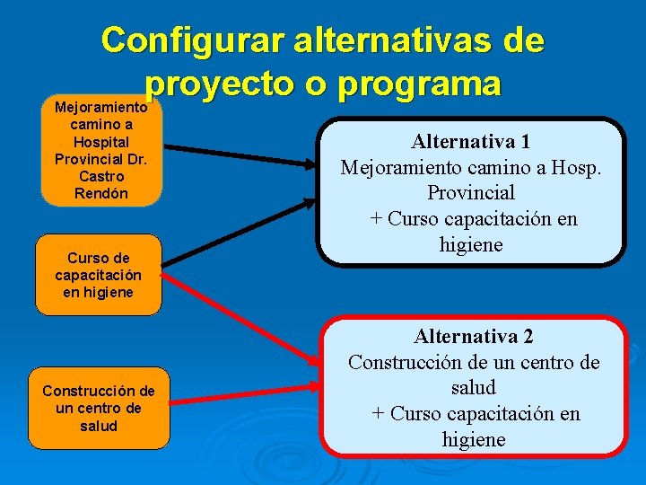 Configurar alternativas de proyecto o programa Mejoramiento camino a Hospital Provincial Dr. Castro Rendón